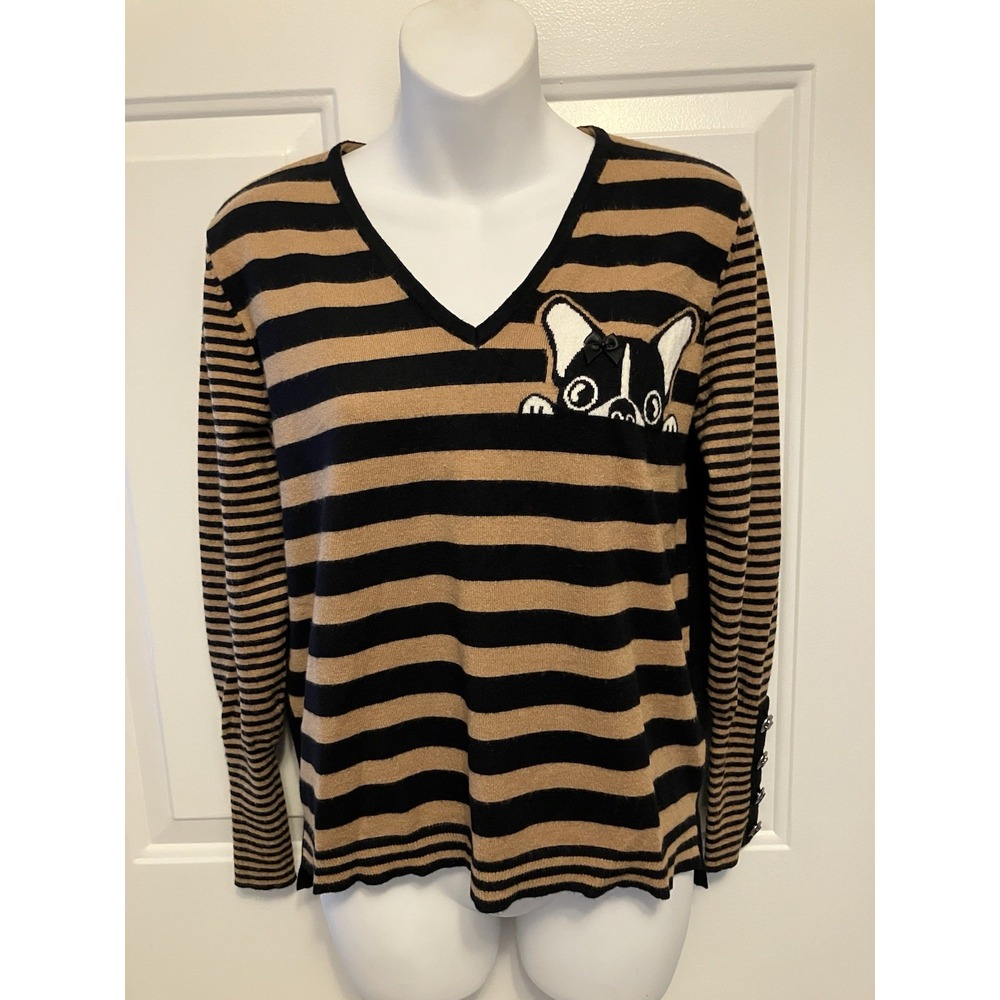 LEO & UGO‎ FRANCE Brown Black Dog Striped Sweater Sz 2/46 Medium Women’s